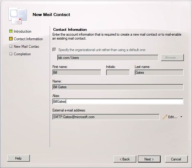 Use the Exchange 2010 New Contact wizard to create a new contact or mail-enable an existing contact.